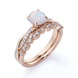 PVN Jewels Halo 2-Piece Art Deco Wedding Engagement Bridal Set Ring Band Round Simulated Opal & CZ 925 Sterling Silver 5.5