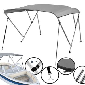 Pactrade Marine Boat 3 Bow Big Bimini Top Canopy Cover UV Waterproof Grey Canvas 600D Oxford Fabric PU Coating Aluminum Poles Straps