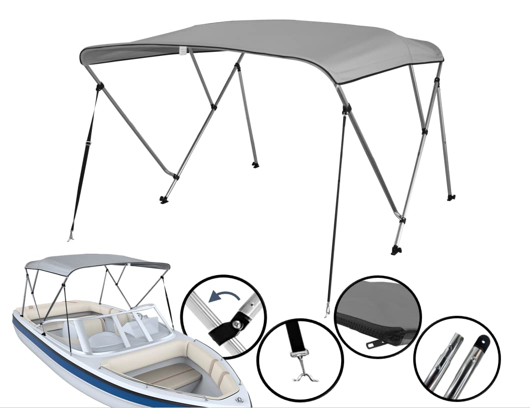 Pactrade Marine Boat 3 Bow Big Bimini Top Canopy Cover UV Waterproof Grey Canvas 600D Oxford Fabric PU Coating Aluminum Poles Straps