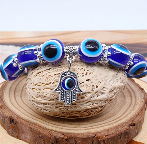 CJIAYUJEW 3pcs Evil Eye Bracelet Chakra Crystal Bracelets Set,Evil Eye Hamsa Blue Beaded Charm Stretch Bracelet for Protection and Blessing (Blue, Zinc Alloy)