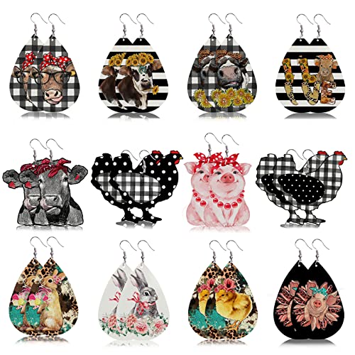 Stology Faux Leather Spring Summer Earrings for Women Farm Animals Earrings Set of 12, Easter Funny Bunny Cow Chicken Pig Teardrop Dangle Earrings Bulk Country Plaid Jewelry Fashion Accessory