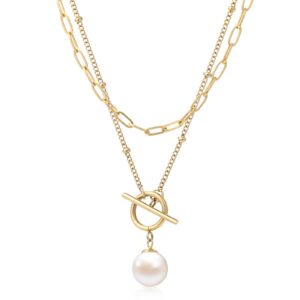 Gold Layered Pearl pendant Necklaces, 18K Gold Plated Initial Paperclip Link Chain Necklace Necklace Jewelry Gifts for Women (Gold)