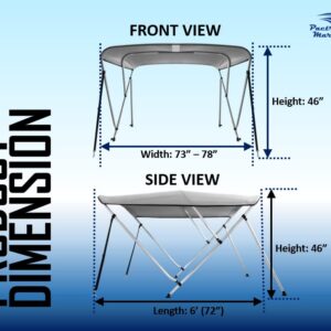 Pactrade Marine Boat 3 Bow Big Bimini Top Canopy Cover UV Waterproof Grey Canvas 600D Oxford Fabric PU Coating Aluminum Poles Straps