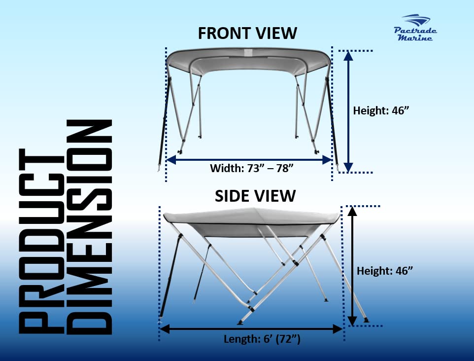 Pactrade Marine Boat 3 Bow Big Bimini Top Canopy Cover UV Waterproof Grey Canvas 600D Oxford Fabric PU Coating Aluminum Poles Straps