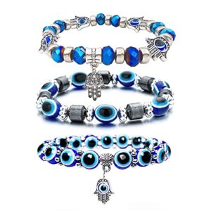 cjiayujew 3pcs evil eye bracelet chakra crystal bracelets set,evil eye hamsa blue beaded charm stretch bracelet for protection and blessing (blue, zinc alloy)