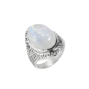 YoTreasure Rainbow Moonstone 925 Sterling Silver Hammered Bold Ring