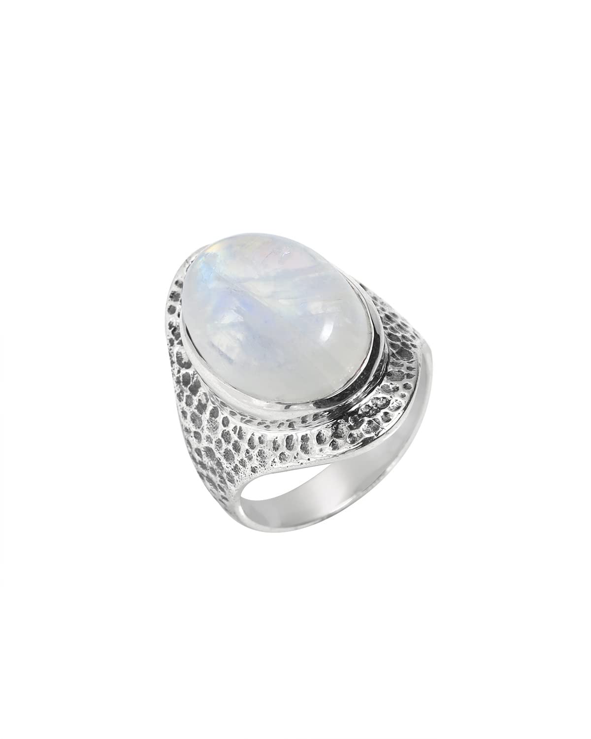 YoTreasure Rainbow Moonstone 925 Sterling Silver Hammered Bold Ring