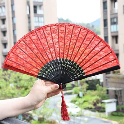 NA Bamboo Folding Fan Black Antique Lace Fan Folding Fan Chinese Style Hanfu Vintage Court Cheongsam Dance Fan Silk Fan (Long Handle-Red Lace)