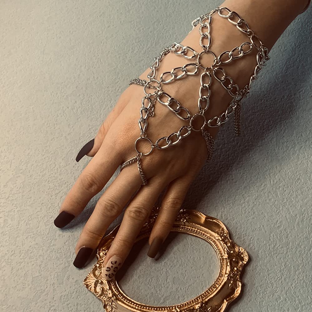 Asphire Gothic Metal Bracelet with Finger Ring Chain Tassel Braided Mesh Punk Slave Bracelet Cosplay Party Harness Bracelet for Festival Costume Hand Jewelry Accessories (Silver)