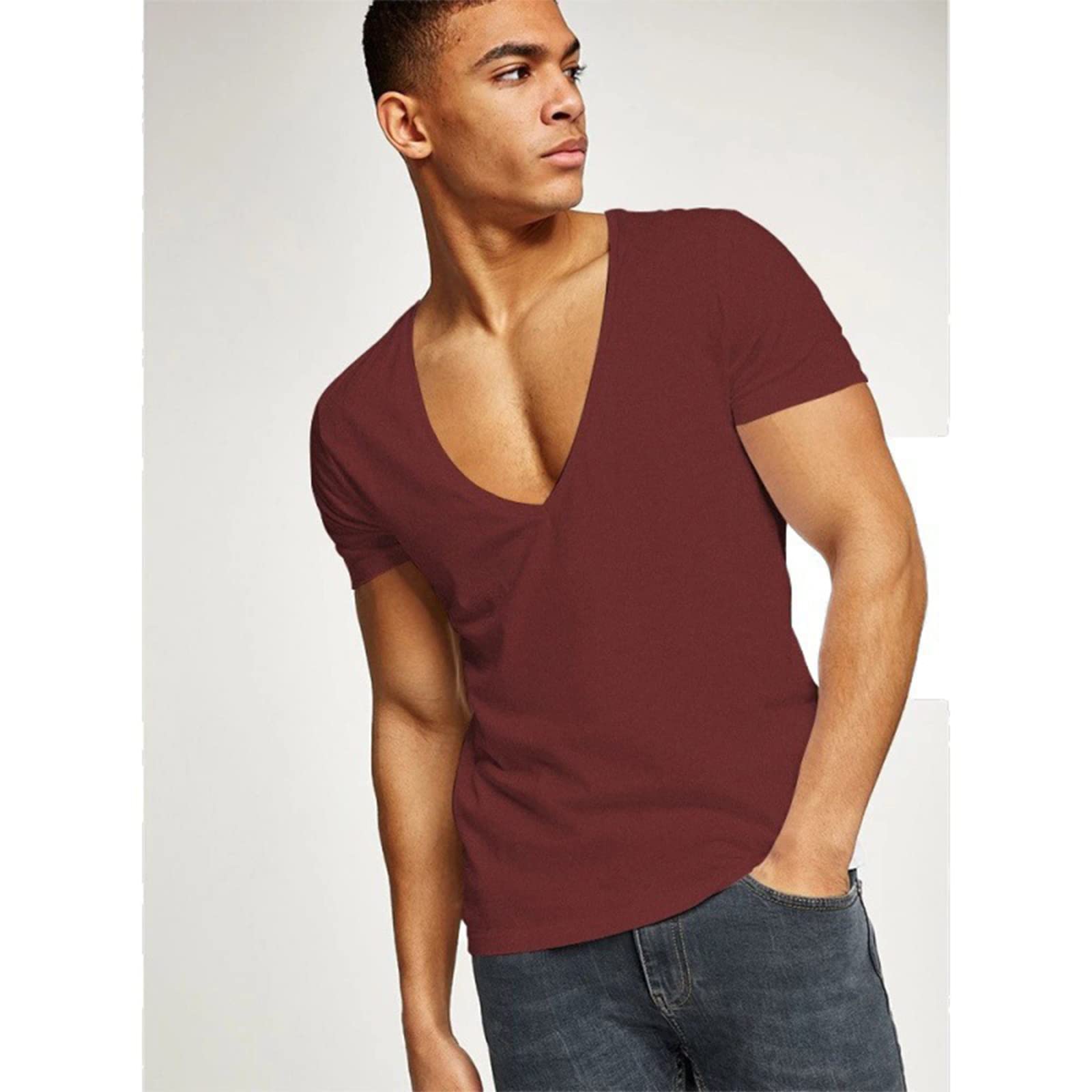 Rela Bota Mens Deep V Neck T shirt Stretch Muscle Gym Workout Tee shirt Short Sleeve Slim Fit Low Cut Tank Tops Burgundy