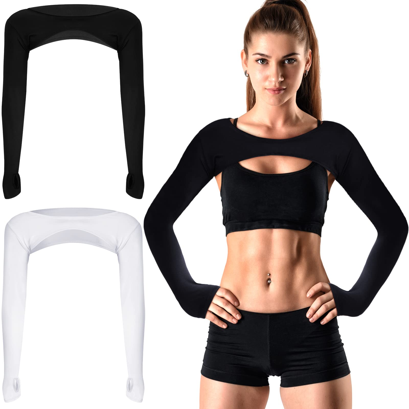 Janmercy 2 Pieces Women's Long Sleeve Crop Tops Cutout Workout Bolero Shrug Ballet Yoga Sports Shrug Casual Cropped Tops(Black and White, L)