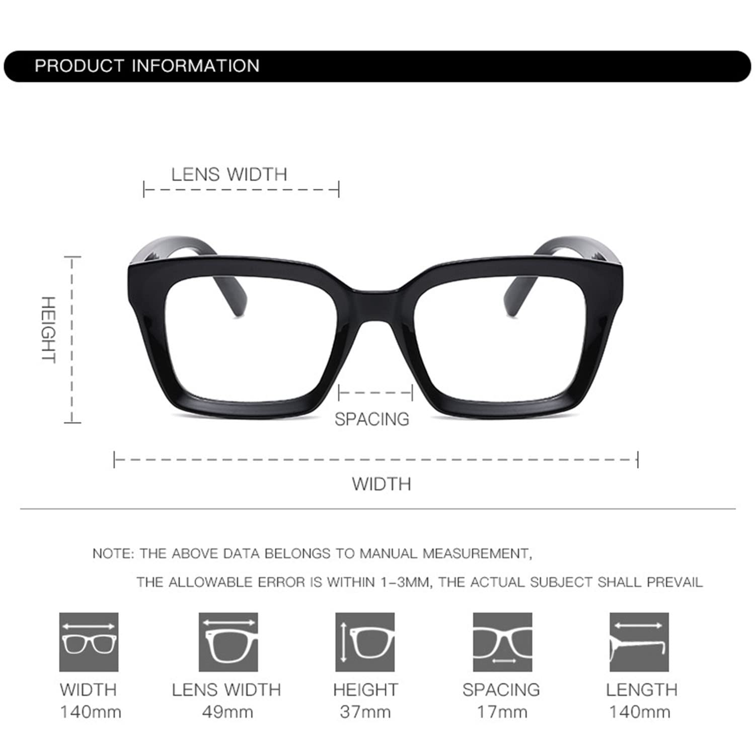 EYLRIM Classic Thick Square Frame Clear Lens Glasses for Women Men Non Prescription Eyeglasses(A1 Bright Black)