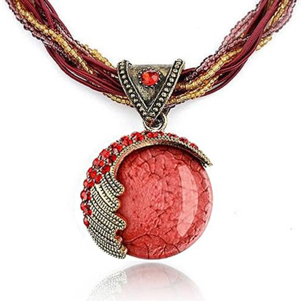 Nawjue Fashion Jewelry Retro Vintage Bohemian Style Turquoise Rhinestone Pendant Collar Chain Necklace for Women(Red)