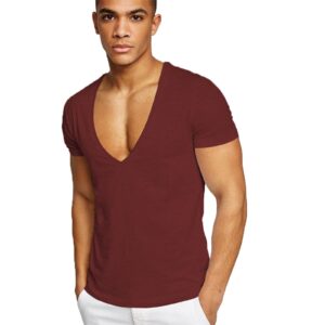 rela bota mens deep v neck t shirt stretch muscle gym workout tee shirt short sleeve slim fit low cut tank tops burgundy