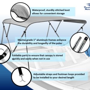 Pactrade Marine Boat 3 Bow Big Bimini Top Canopy Cover UV Waterproof Grey Canvas 600D Oxford Fabric PU Coating Aluminum Poles Straps