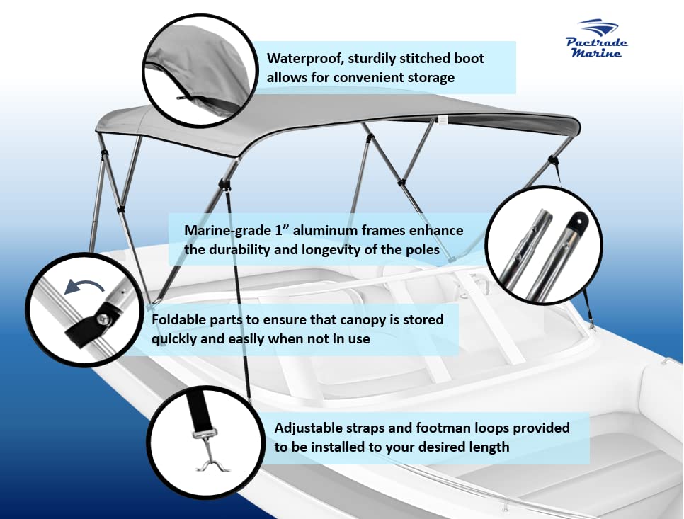 Pactrade Marine Boat 3 Bow Big Bimini Top Canopy Cover UV Waterproof Grey Canvas 600D Oxford Fabric PU Coating Aluminum Poles Straps