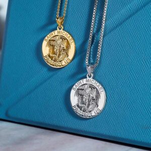 PicturesOnGold.com St Michael Pendant - Saint Michael Pendant Religious Medal Necklace - 1 Inch Size of a Quarter in Yellow Gold Filled - Includes 18 inch Chain (Necklace + Engraving)