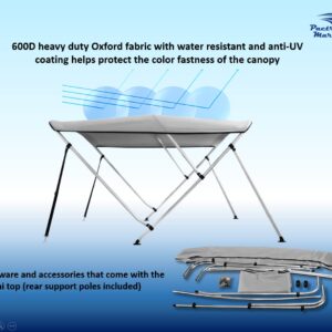 Pactrade Marine Boat 3 Bow Big Bimini Top Canopy Cover UV Waterproof Grey Canvas 600D Oxford Fabric PU Coating Aluminum Poles Straps