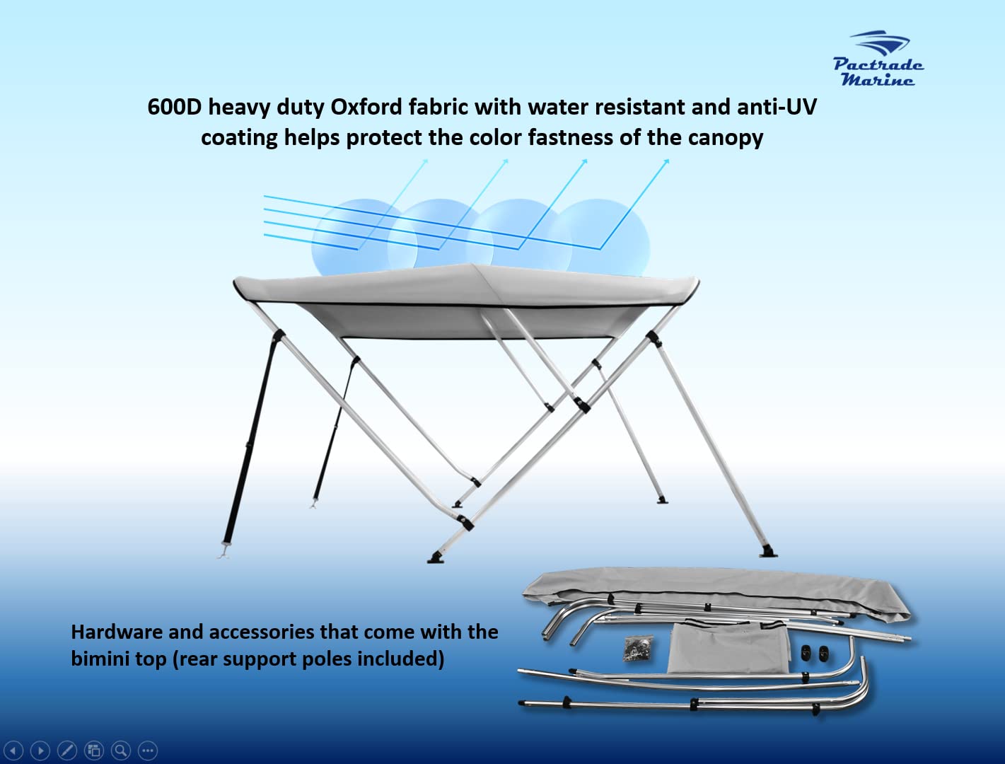 Pactrade Marine Boat 3 Bow Big Bimini Top Canopy Cover UV Waterproof Grey Canvas 600D Oxford Fabric PU Coating Aluminum Poles Straps