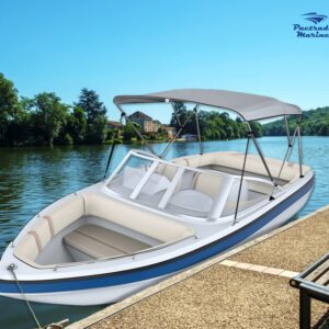 Pactrade Marine Boat 3 Bow Big Bimini Top Canopy Cover UV Waterproof Grey Canvas 600D Oxford Fabric PU Coating Aluminum Poles Straps