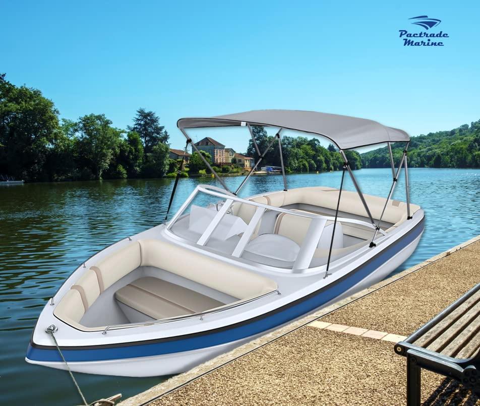 Pactrade Marine Boat 3 Bow Big Bimini Top Canopy Cover UV Waterproof Grey Canvas 600D Oxford Fabric PU Coating Aluminum Poles Straps