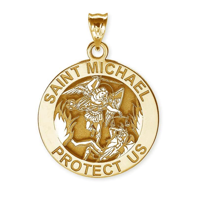 PicturesOnGold.com St Michael Pendant - Saint Michael Pendant Religious Medal Necklace - 1 Inch Size of a Quarter in Yellow Gold Filled - Includes 18 inch Chain (Necklace + Engraving)