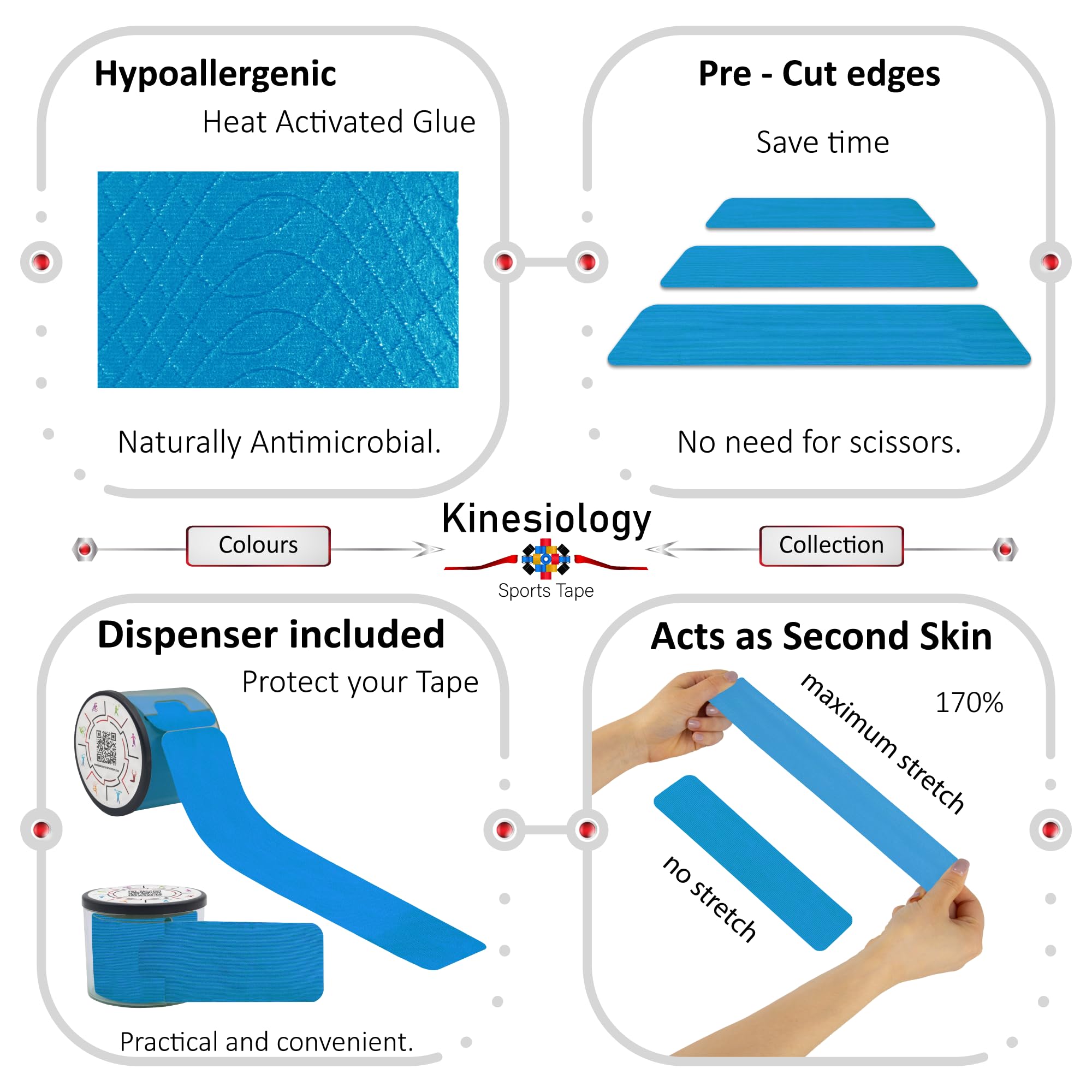 Kinesiology Tape Precut with Dispenser - Synthetic Sports Muscle Tape - Blue - 5m Roll - 20 Strips - Physiotherapy Tape for Face, Neck, Shoulder, Back, Elbow, Wrist, Knee, Calf & Ankle