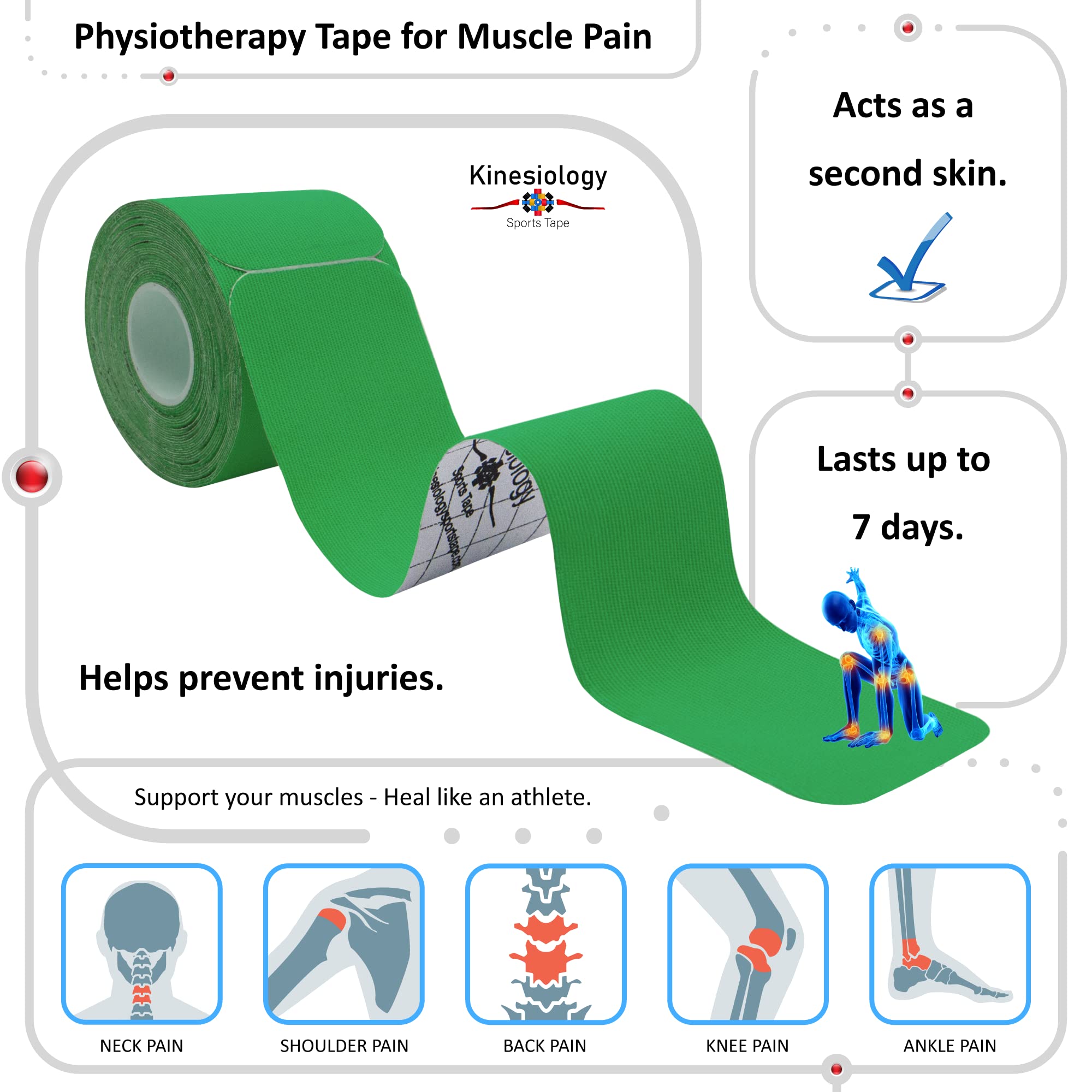 Kinesiology Tape Precut with Dispenser - Synthetic Sports Muscle Tape - Green - 5m Roll - 20 Strips - Physiotherapy Tape for Face, Neck, Shoulder, Back, Elbow, Wrist, Knee, Calf & Ankle