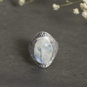 YoTreasure Rainbow Moonstone 925 Sterling Silver Hammered Bold Ring