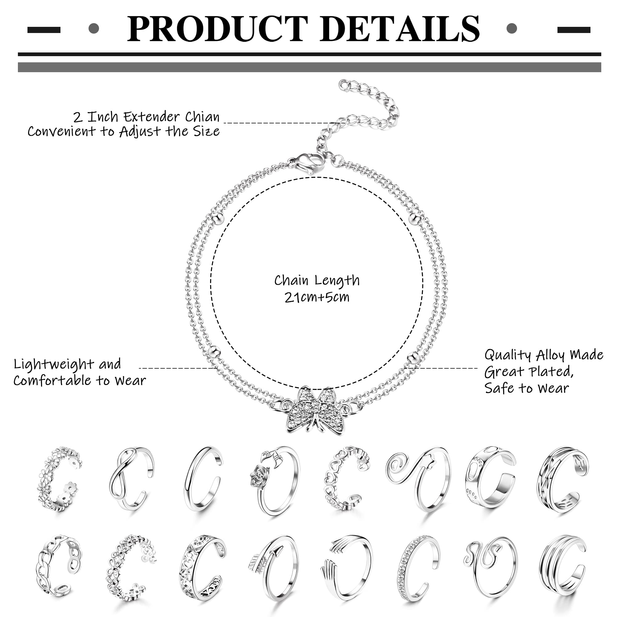 Sanfenly Anklets and Toe Ring Set for Women Silver Anklet Bracelets Open Adjustable Toe Ring Flower Wave Heart Tail Pinky Band Rings Summer Beach Foot Jewelry