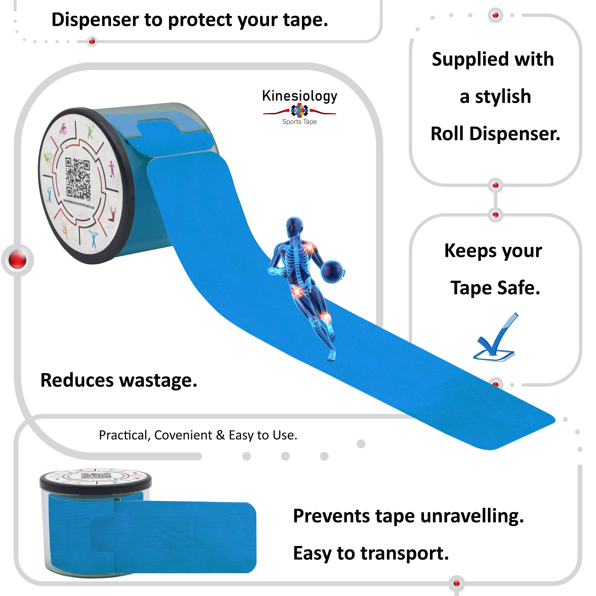 Kinesiology Tape Precut with Dispenser - Synthetic Sports Muscle Tape - Blue - 5m Roll - 20 Strips - Physiotherapy Tape for Face, Neck, Shoulder, Back, Elbow, Wrist, Knee, Calf & Ankle