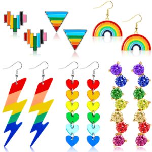 6 Pairs Rainbow Earrings Pride Earrings Rainbow Mesh Drop Clip On Earrings Lightweight Chain Rainbow Earrings Love Wins Dangle Post Earrings Round Heart Rainbow Drop Earrings for Women (Cute Style)