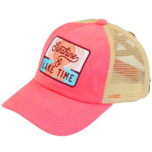 C.C Ponytail Criss Cross Messy Buns Ponycaps Baseball Cap Dad Trucker Mesh Hat (Patch Sunshine and Lake Time Pink)