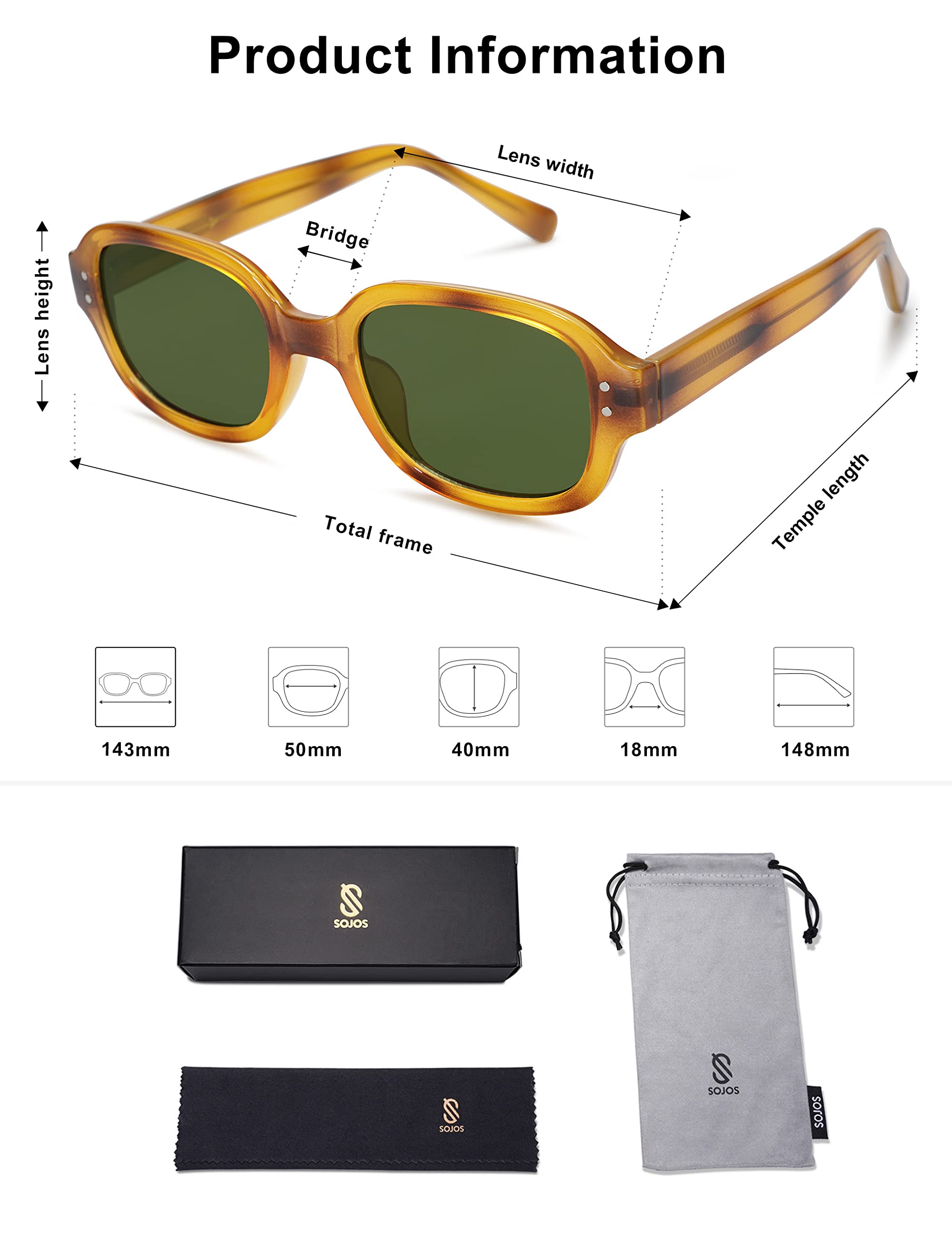 SOJOS Sunglasses for Women, Rectangle Vintage Sun Glasses with Square Frame, Yellow Tortoise Frame/Green Lens for Outdoor Travel, SJ2218 (Amber Yellow)