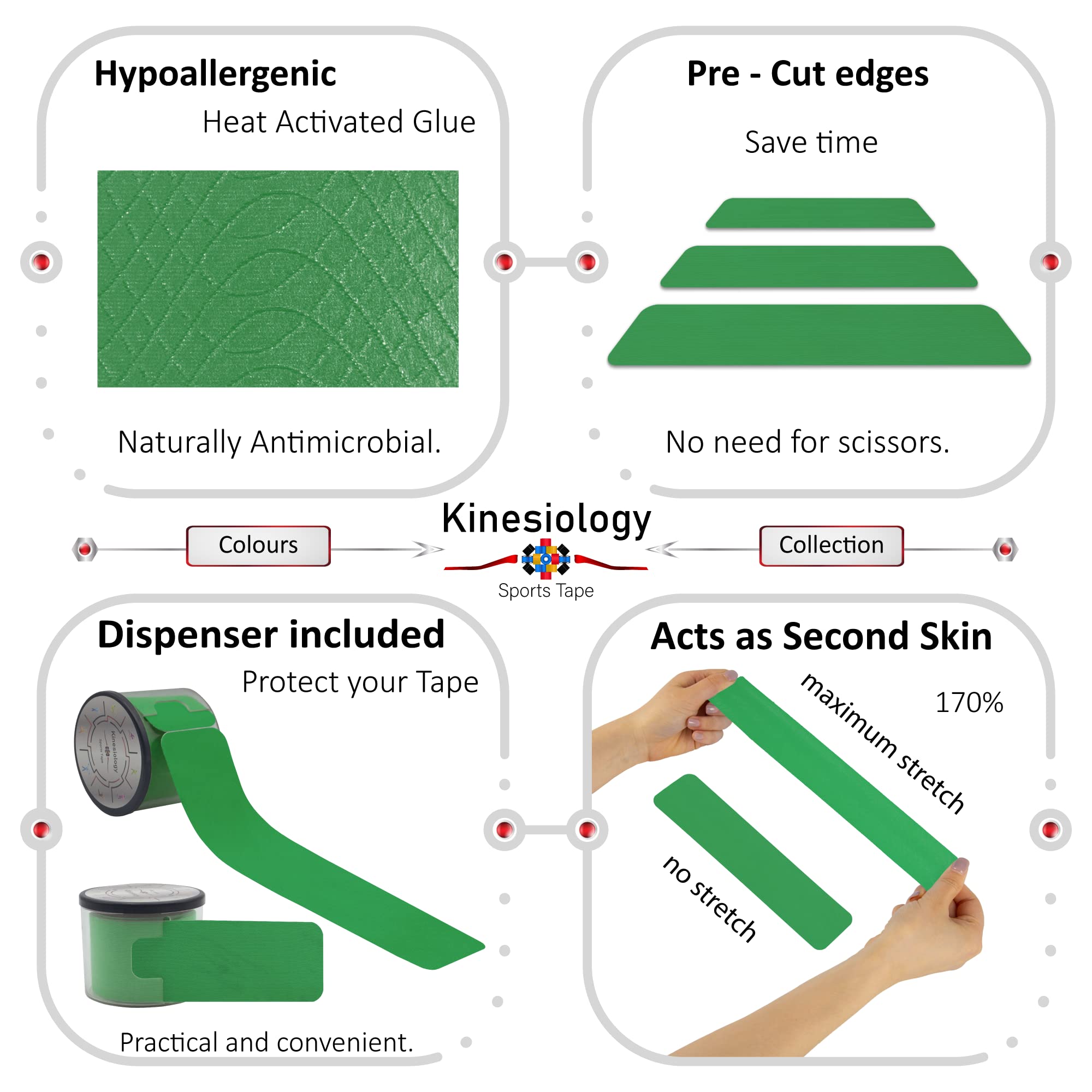 Kinesiology Tape Precut with Dispenser - Synthetic Sports Muscle Tape - Green - 5m Roll - 20 Strips - Physiotherapy Tape for Face, Neck, Shoulder, Back, Elbow, Wrist, Knee, Calf & Ankle