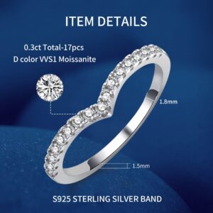 Kolmnurk Moissanite Wedding Band Half Eternity Rings for Women 0.3ct Lab Created Diamond Engagement Ring Sterling Silver V Shape Curved Moissanite Stacking Ring size 5-17