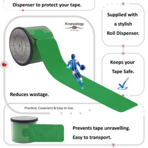 Kinesiology Tape Precut with Dispenser - Synthetic Sports Muscle Tape - Green - 5m Roll - 20 Strips - Physiotherapy Tape for Face, Neck, Shoulder, Back, Elbow, Wrist, Knee, Calf & Ankle