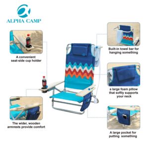 ALPHA CAMP Beach Chair With Cooler Bag Oversized Heavy Duty Steel Frame Support 250 LBS Collapsible Padded Camping Folding Chair with Cup Holder Quad Lumbar Back Chair Portable for Outdoor/Indoor，Wave