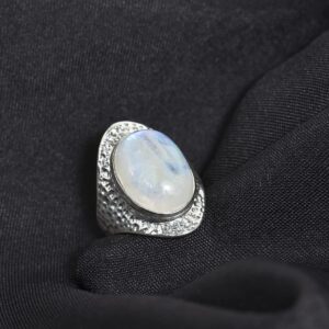 YoTreasure Rainbow Moonstone 925 Sterling Silver Hammered Bold Ring