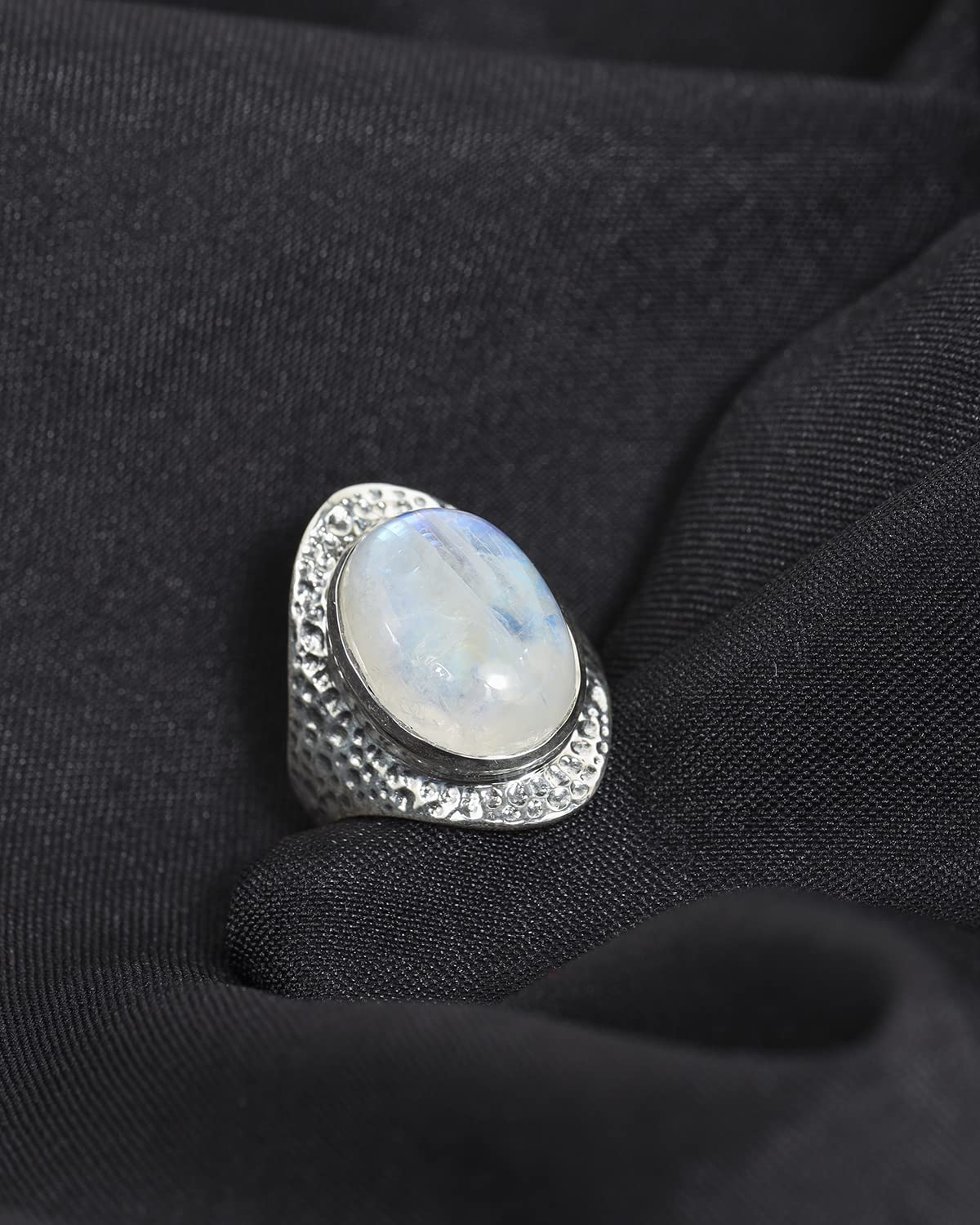 YoTreasure Rainbow Moonstone 925 Sterling Silver Hammered Bold Ring