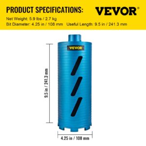 VEVOR Dry Core Drill Bit, 4.25"/108 mm Diameter 5/8"-11 Shank Arbor with a Pilot Bit & 4.5" Blade, 9.5"/241.3mm Depth Diamond Coring Bore Tool, Masonry Hole Saw Bits for Hard Concrete Brick and Block