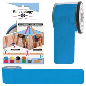 kinesiology tape precut with dispenser - synthetic sports muscle tape - blue - 5m roll - 20 strips - physiotherapy tape for face, neck, shoulder, back, elbow, wrist, knee, calf & ankle