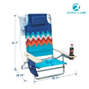 ALPHA CAMP Beach Chair With Cooler Bag Oversized Heavy Duty Steel Frame Support 250 LBS Collapsible Padded Camping Folding Chair with Cup Holder Quad Lumbar Back Chair Portable for Outdoor/Indoor，Wave