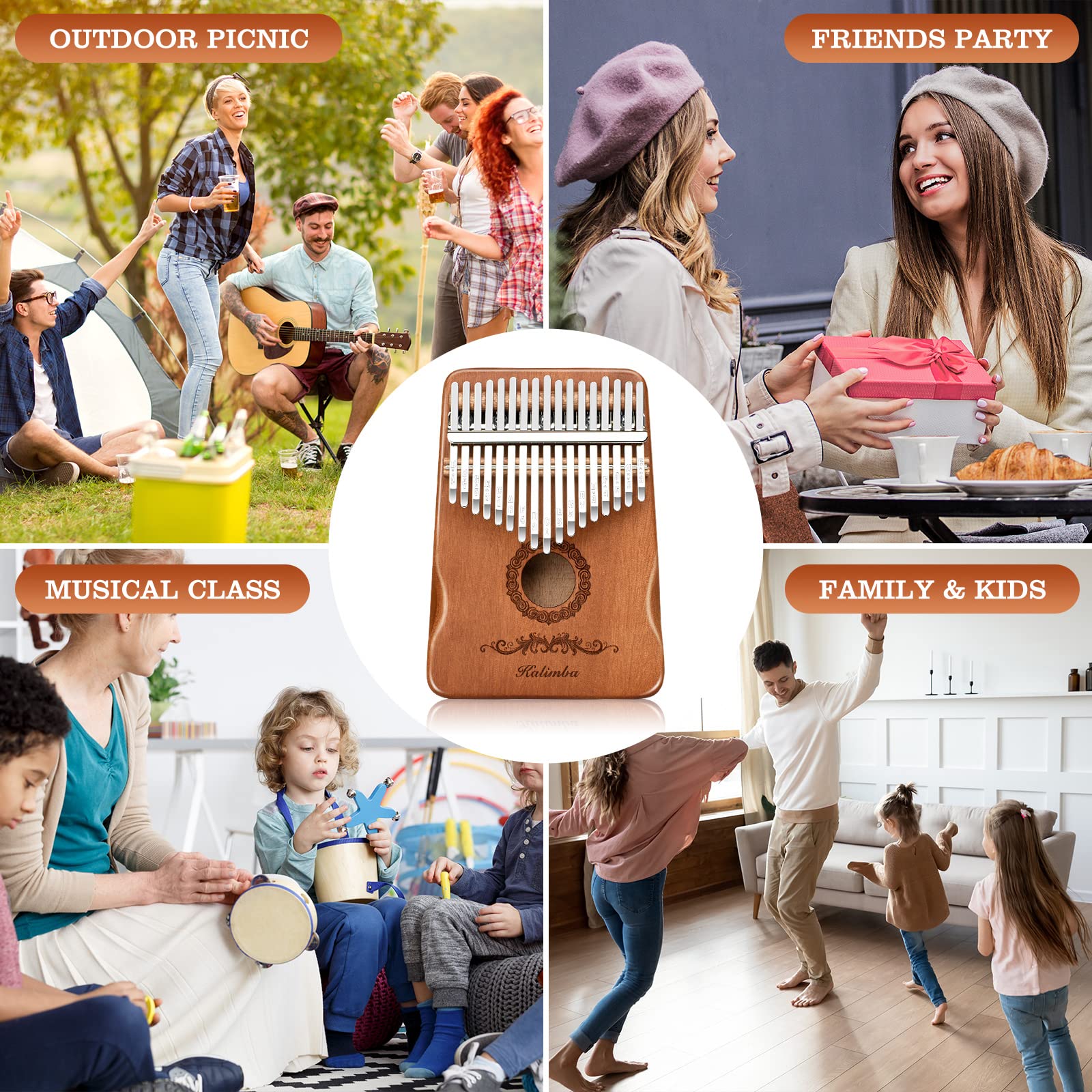 Kalimba Thumb Piano 17 Keys, Finger Piano Musical Instruments, Mbira Music Kids Gifts Adult Beginners Hand Pianos Brown