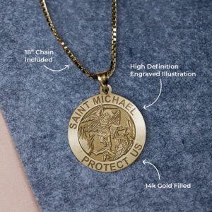 PicturesOnGold.com St Michael Pendant - Saint Michael Pendant Religious Medal Necklace - 1 Inch Size of a Quarter in Yellow Gold Filled - Includes 18 inch Chain (Necklace + Engraving)