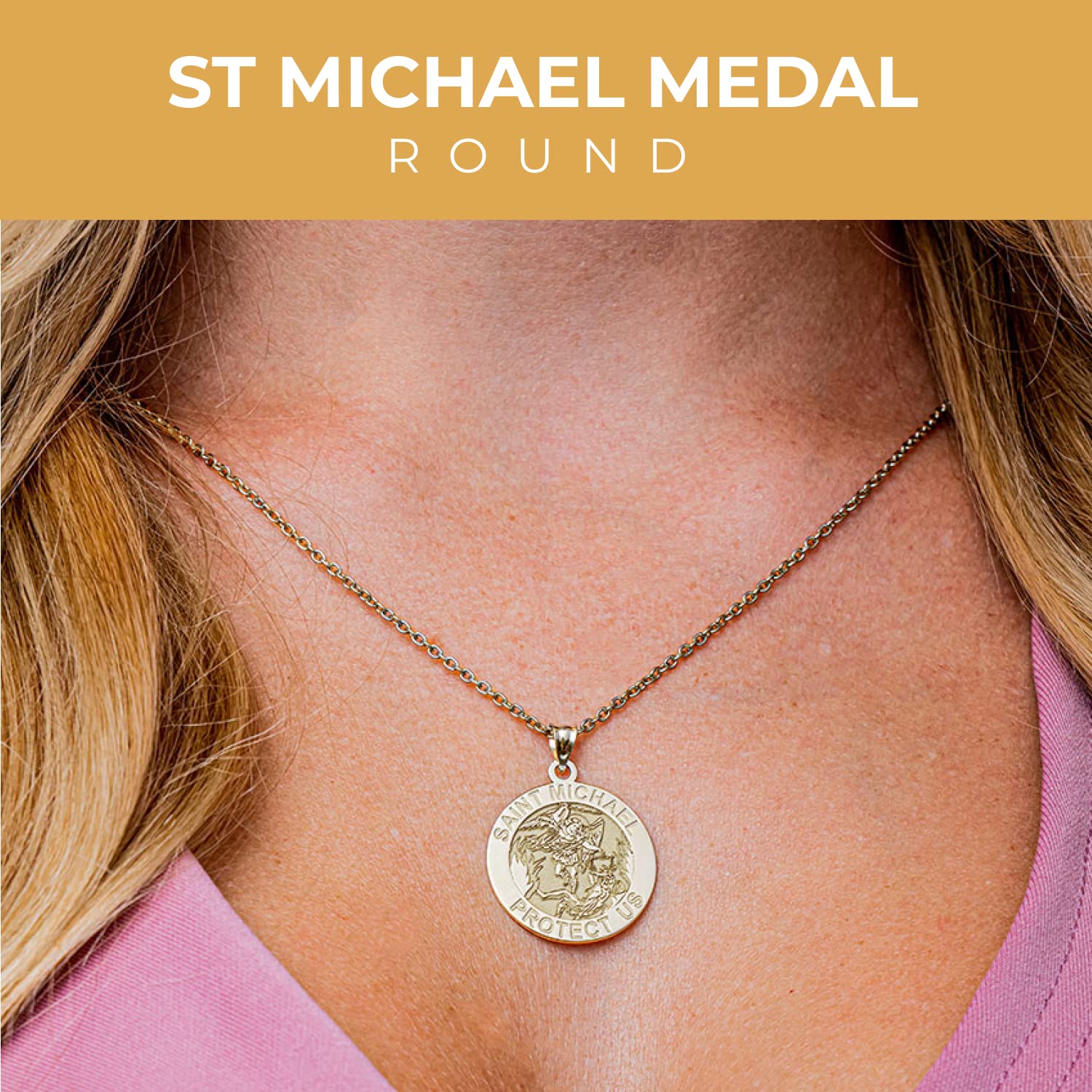 PicturesOnGold.com St Michael Pendant - Saint Michael Pendant Religious Medal Necklace - 1 Inch Size of a Quarter in Yellow Gold Filled - Includes 18 inch Chain (Necklace + Engraving)