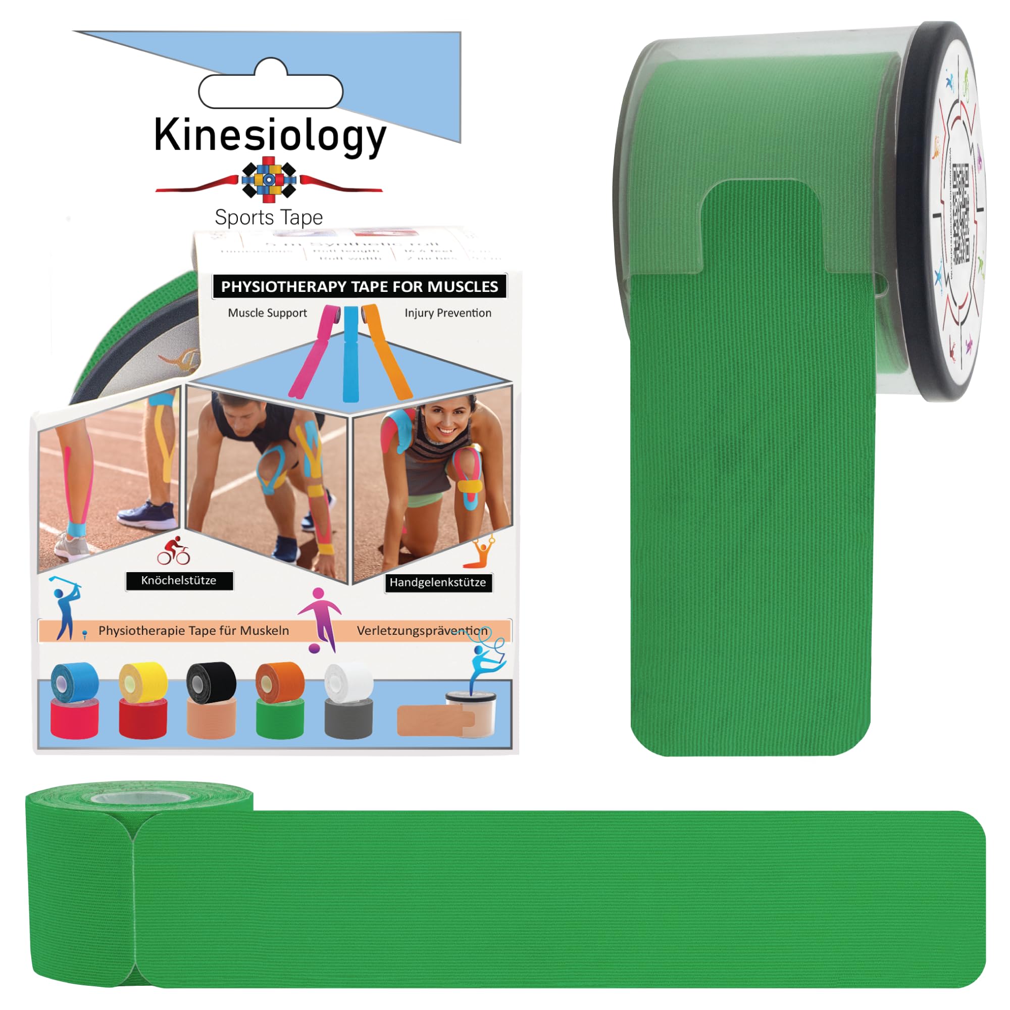 Kinesiology Tape Precut with Dispenser - Synthetic Sports Muscle Tape - Green - 5m Roll - 20 Strips - Physiotherapy Tape for Face, Neck, Shoulder, Back, Elbow, Wrist, Knee, Calf & Ankle