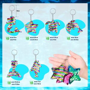 24 Pcs Mermaid Sequin Keychains Ocean Theme Kids Keychains Tropical Rainforest Theme Keychains Reversible Girls Christmas Party Favor Key Chains Glitter Key Chains for Adults Kid (Ocean Style)