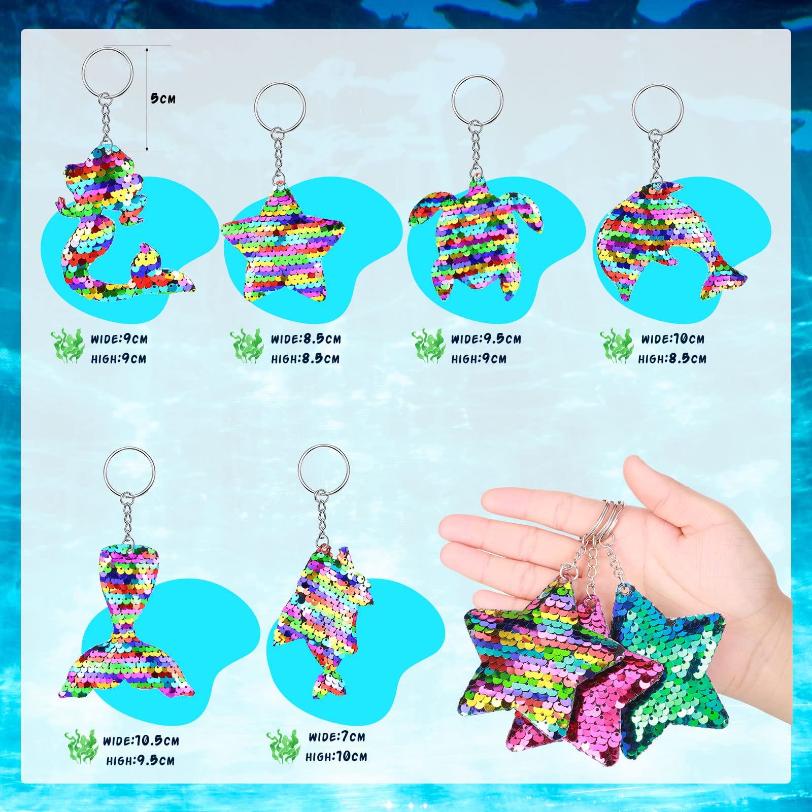 24 Pcs Mermaid Sequin Keychains Ocean Theme Kids Keychains Tropical Rainforest Theme Keychains Reversible Girls Christmas Party Favor Key Chains Glitter Key Chains for Adults Kid (Ocean Style)