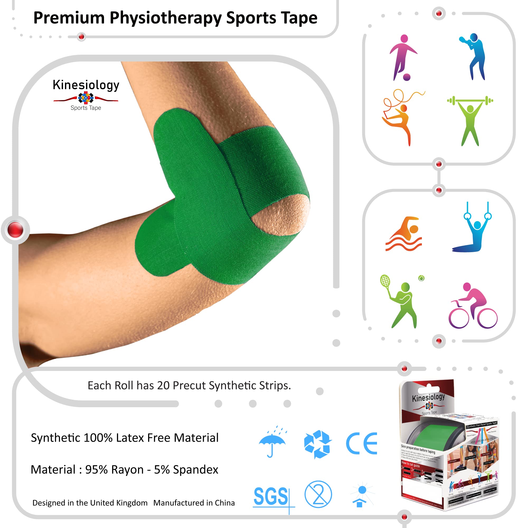 Kinesiology Tape Precut with Dispenser - Synthetic Sports Muscle Tape - Green - 5m Roll - 20 Strips - Physiotherapy Tape for Face, Neck, Shoulder, Back, Elbow, Wrist, Knee, Calf & Ankle